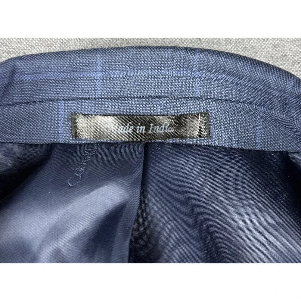 Calvin Klein 44L Blue Windowpane 100% Wool Sport Coat Blazer 2 Button Jacket